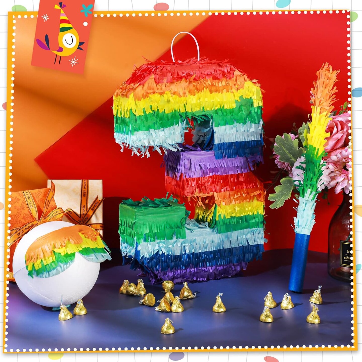 Rainbow Number Piñata Multicolor Number Piñata Small Kids Birthday Party with Blindfold Stick and Confetti for Birthday Anniversary Cinco De Mayo Fiesta Party Decor(Number 3)