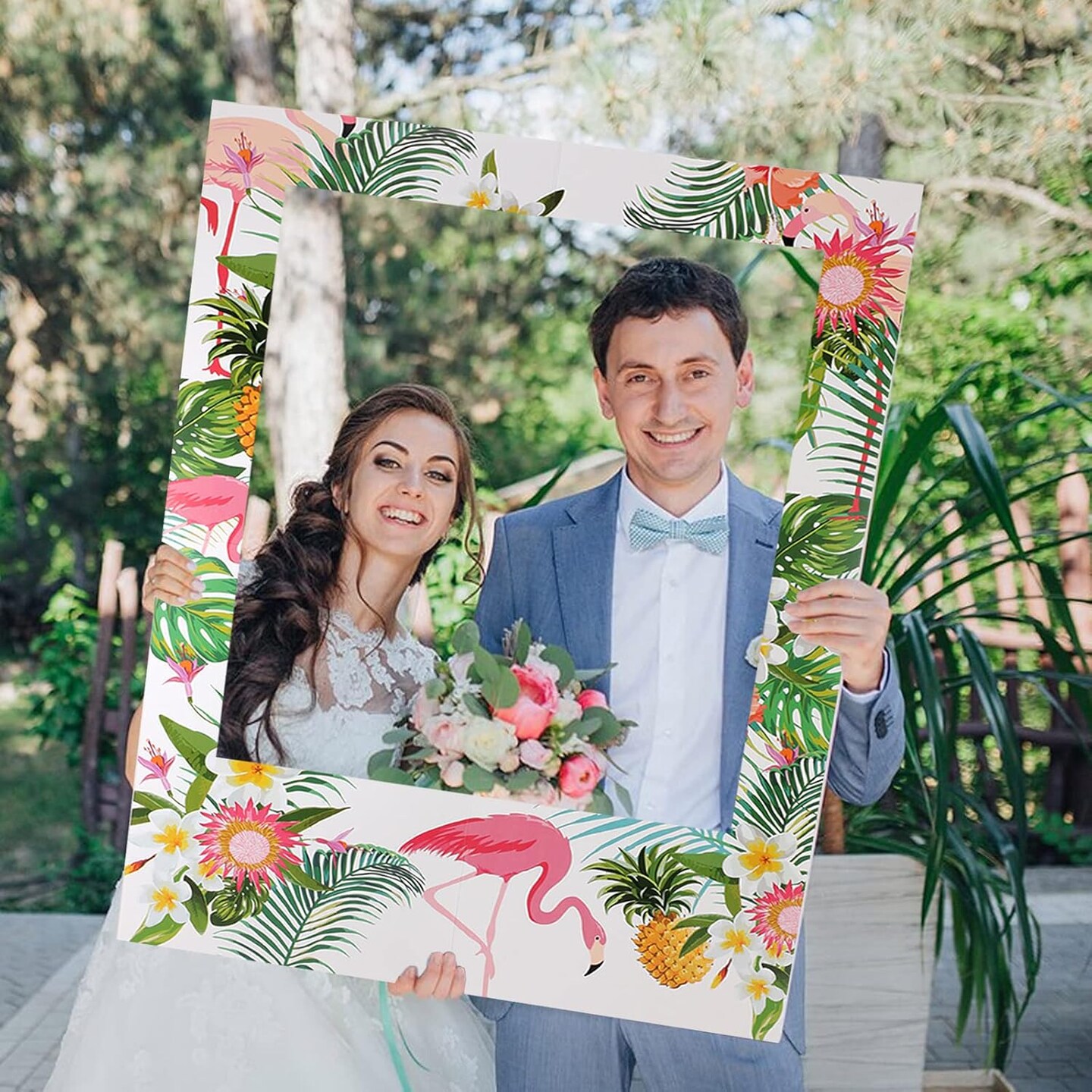 15-piece Luau photo booth props kit featuring tropical-themed items and a summer beach photo frame—perfect for Hawaiian luau parties, summer beach celebrations, and fun photo opportunities.