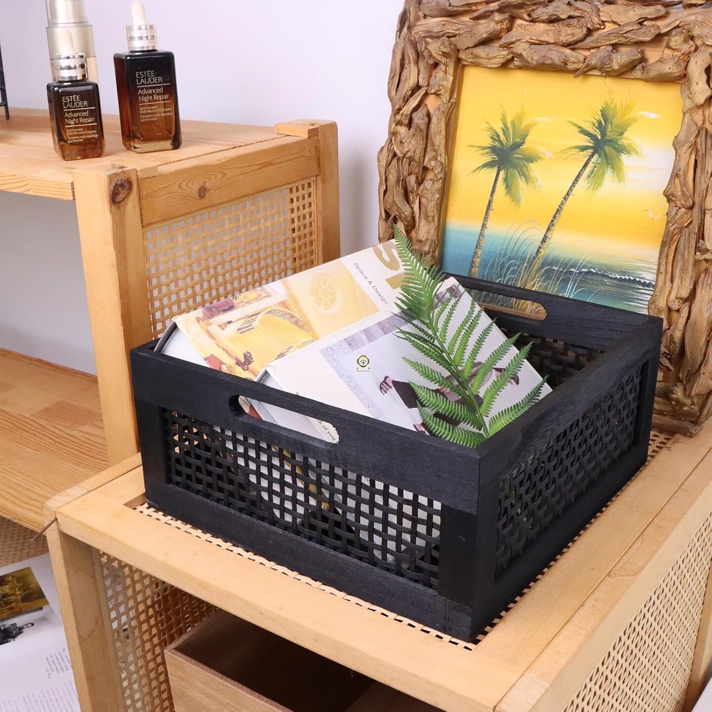 Decorative Wood Storage Crate Basket with Handles for Pantry