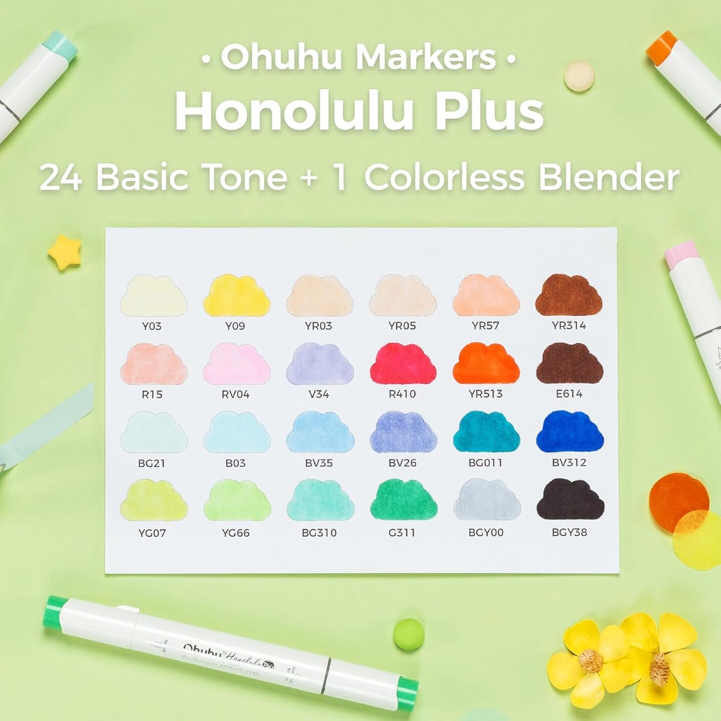 Ohuhu Alcohol Markers Supreme Brush Tip: 24-Color Brush &#x26; Chisel Double Tipped Art Marker Set for Artist Adults Coloring Illustrations -Honolulu Plus-Refillable