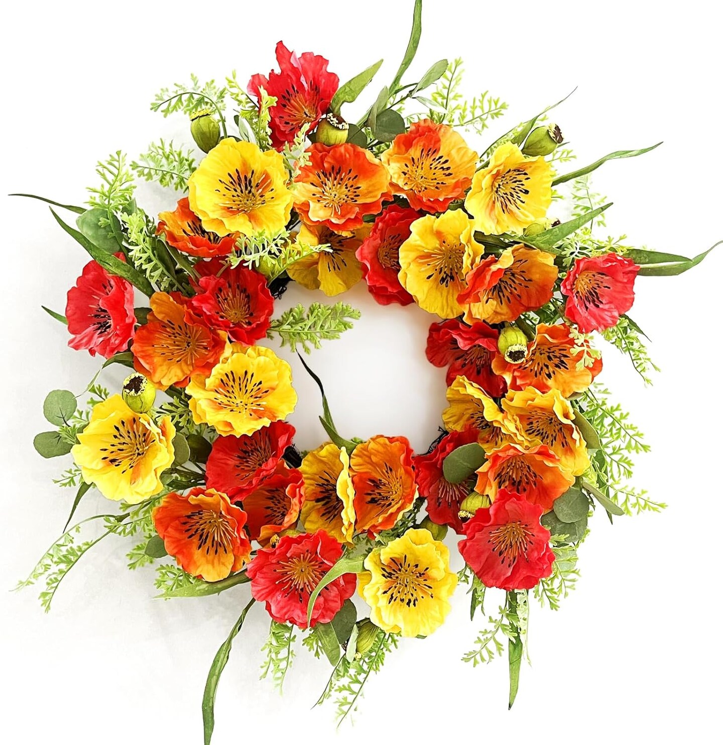 24" Summer Wreath for Front Door with Poppy Flowers & Green Leaves – Bright Floral Wreath for Porch, Outdoor Wall, or Home Decor