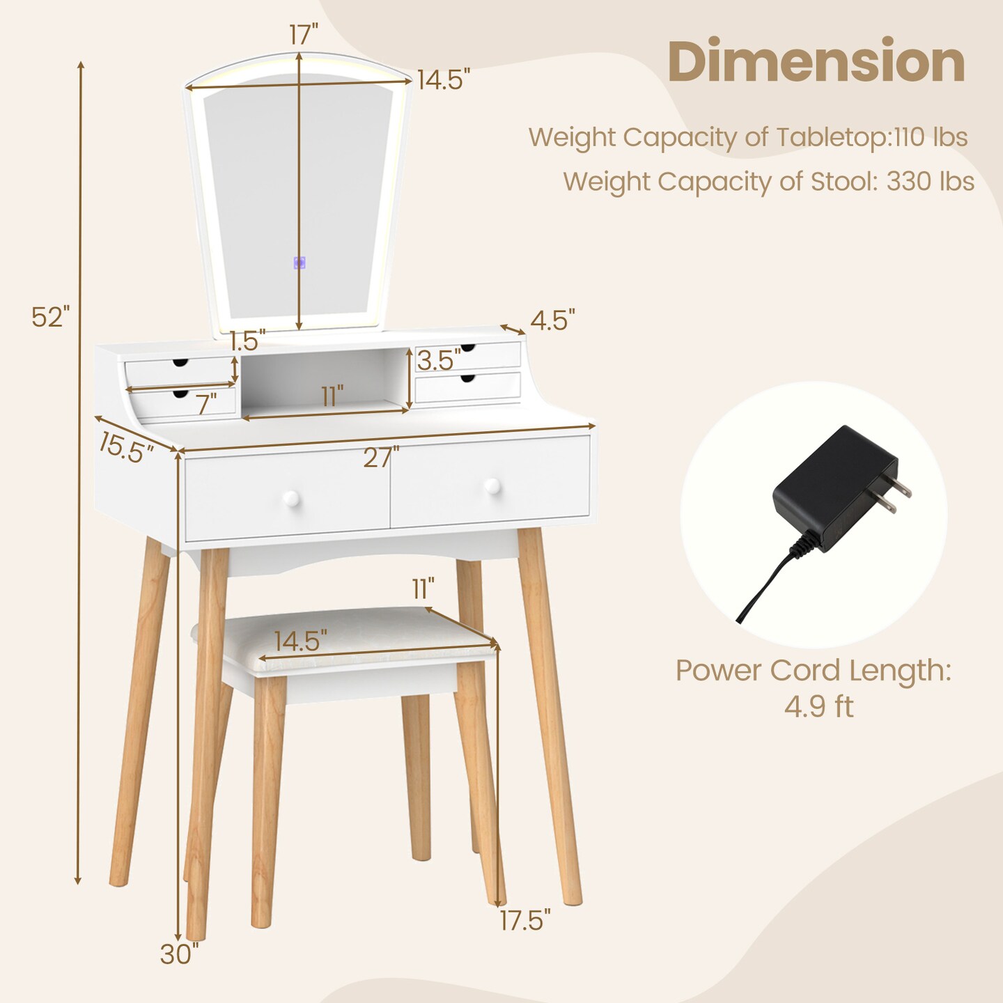 White Vanity Desk Set with 3-Color Adjustable LED Lighted Mirror and Storage Drawers