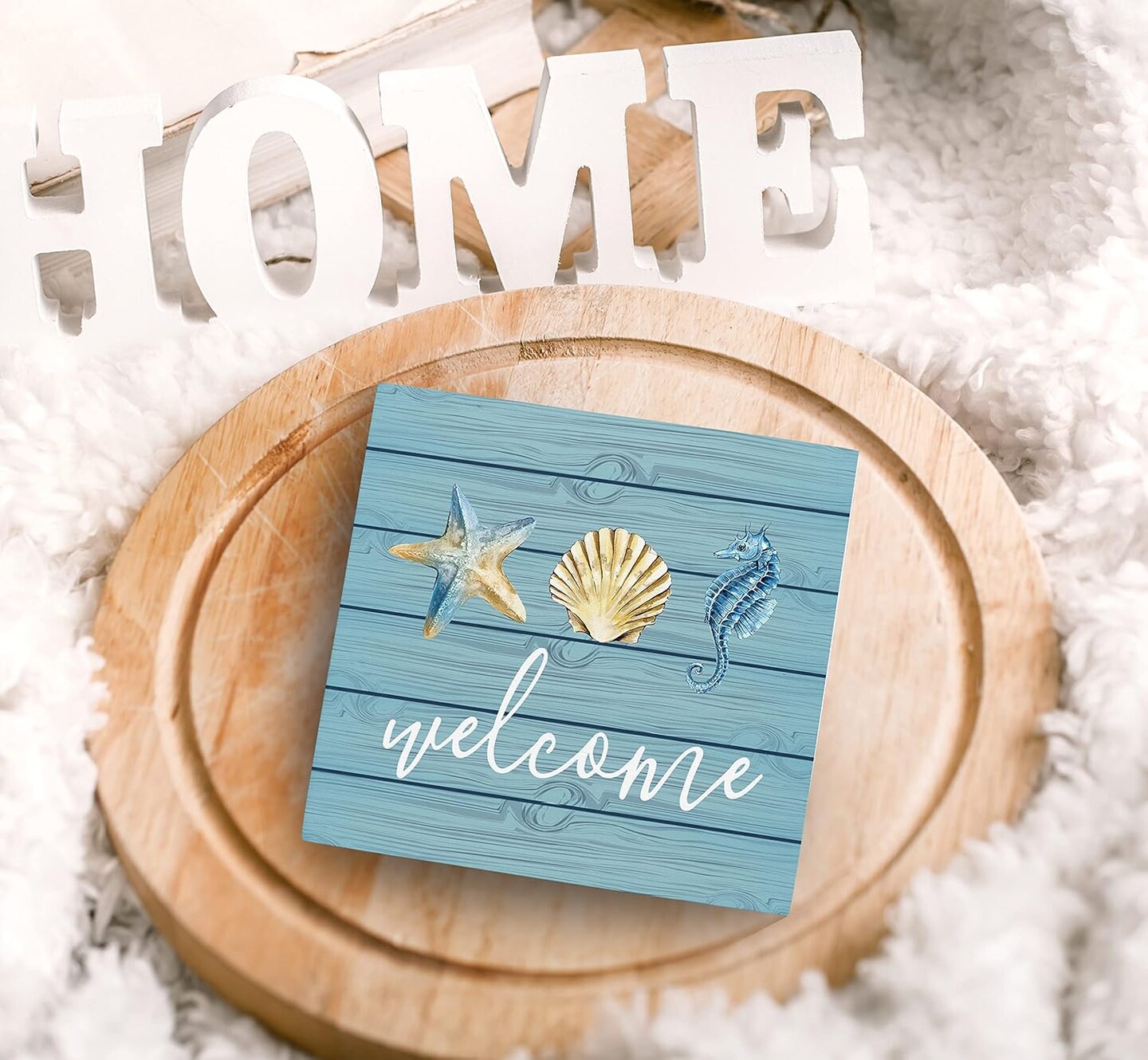 Rustic Summer Beach Wood Box Sign &#x2013; Teal Seashell, Seahorse &#x26; Starfish Tabletop Decor for Coastal Beach House or Shelf Display