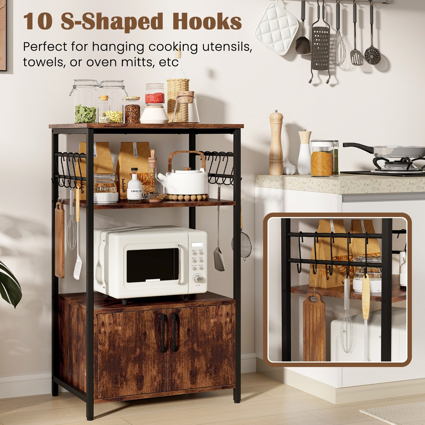 3-Tier Brown Kitchen Bakers Rack with 2 Doors Cabinet and 2 Open Storage Shelves