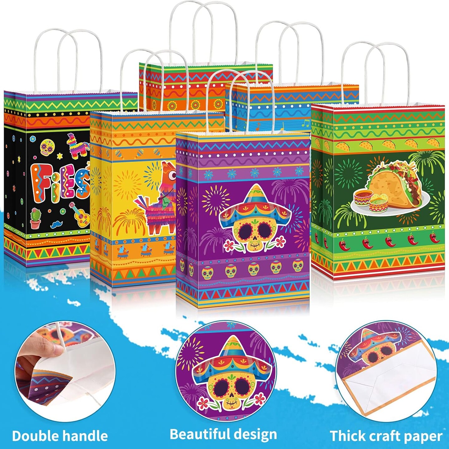 18 Packs Fiesta Party Favor Bags with Handles, Cinco De Mayo Candy Mexican Themed Paper Gifts Bags for Birthday Baby Shower Bridal Mexico Party Favor Supplies