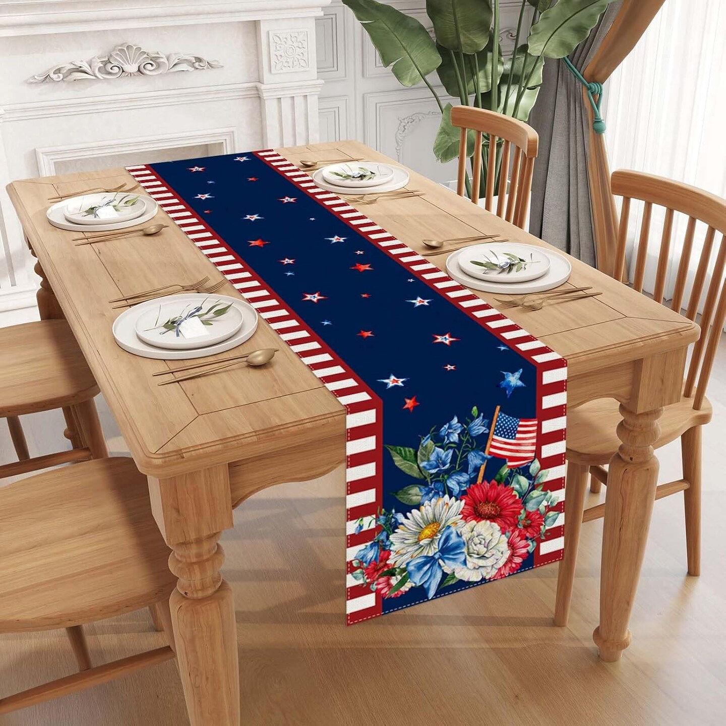 Watercolor Red White and Blue American Flag Stars Table Runner 72 Inches Long 4th of July Memorial Day Veterans Day Patriotic Decoration and Supplies for Home