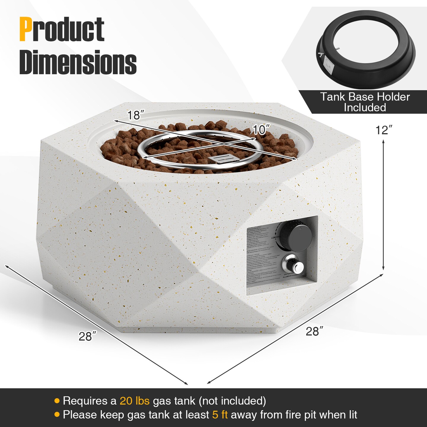 White Hexagon Terrazzo Fire Pit Table, 40,000 BTU and Stainless Steel Burner