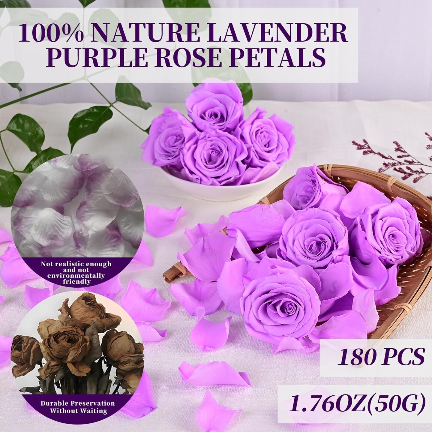 180 PCS Real Purple Rose Petals for Wedding, 1.76oz Dried Flower Petal for Flower Girl to Throw, Romantic Night Baby Shower Proposal