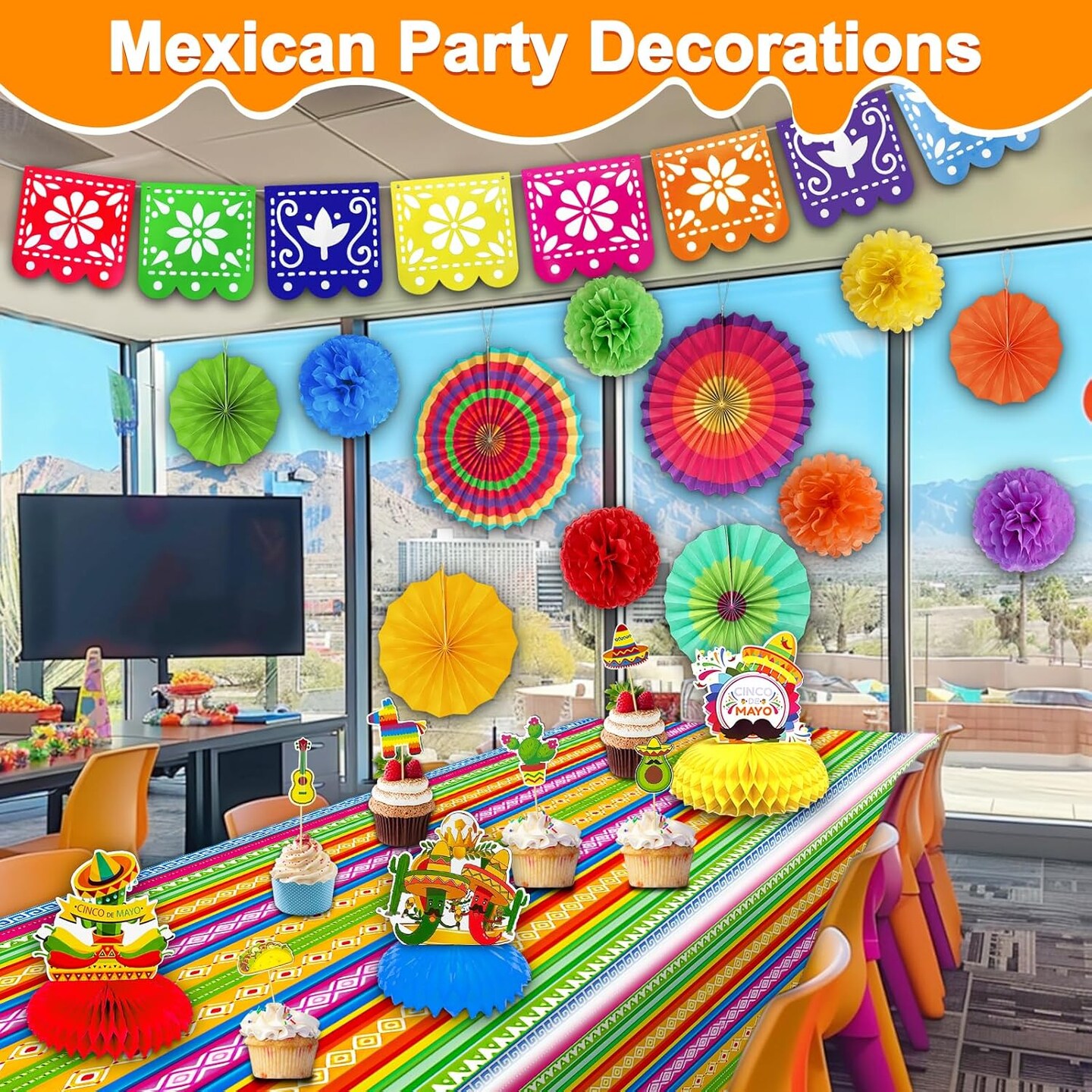 6 Varieties 23 Pcs Cinco De Mayo Fiesta Party Decorations, Mexican Themed Party Supplies Paper Fans Pom Poms Banner Table Runner Honeycomb Table Decor Cupcake Toppers for Taco Tuesday Luau Party Favor