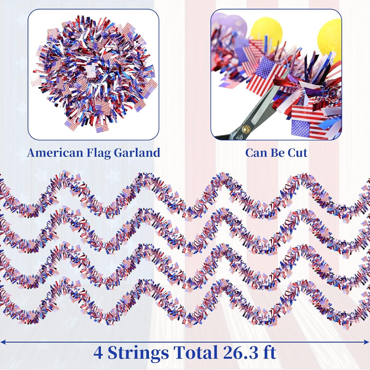 4 Strings Total 26.3 ft American Flag Tinsel Garlands - Each 6.6ft Red White Blue Fringe Garland with USA Flag Hanging Glitter Streamers for 4th of July, Independence Day, Patriotic Party Decorations