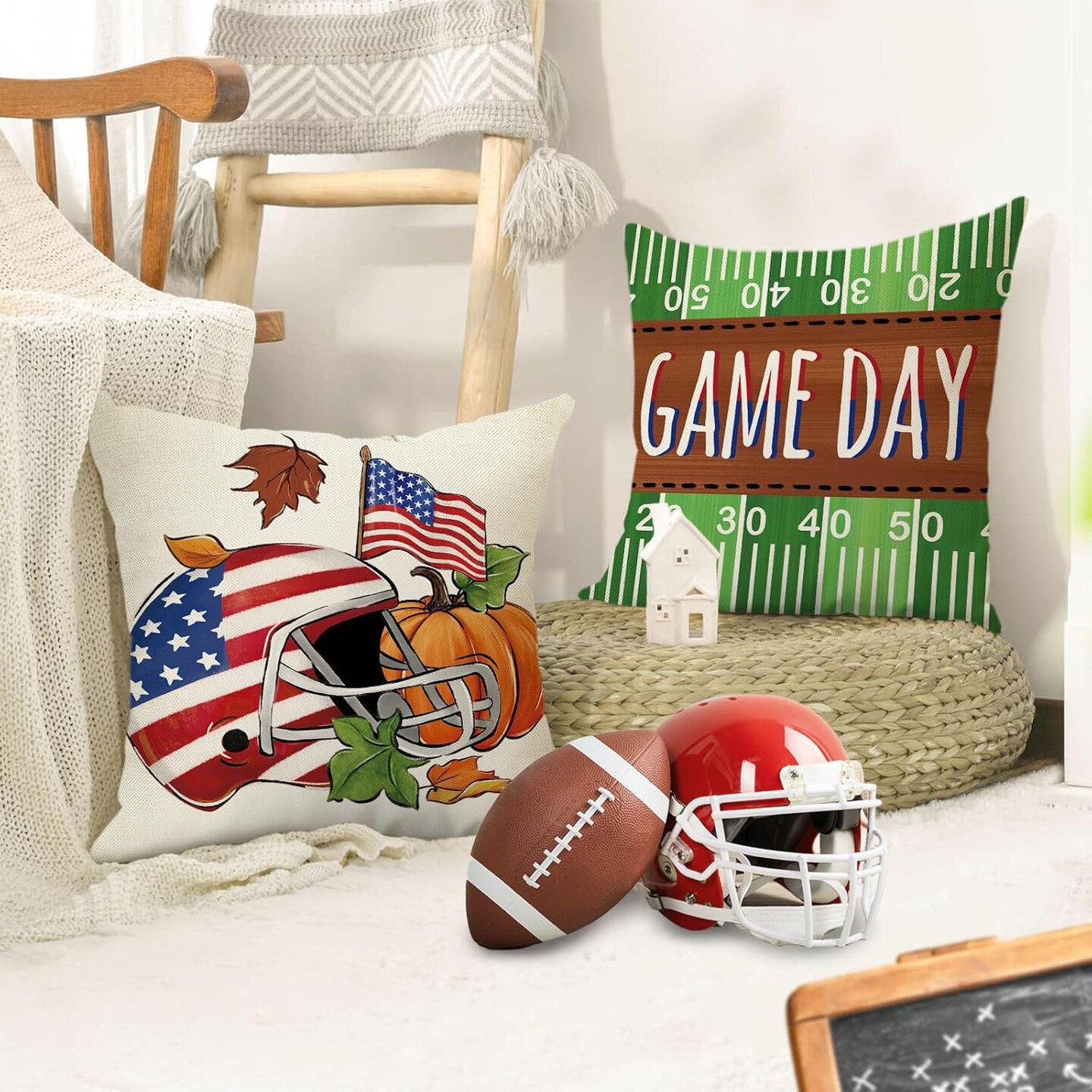 Fall Family Football Decorative Throw Pillow Covers 18 x 18 Set of 4, Autumn Game Day Gnome Helmet Porch Patio Outdoor Pillowcase