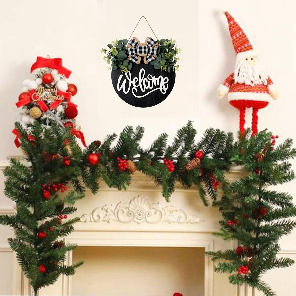 Welcome Sign for Front Door &#x2013; Round Wooden Farmhouse Wreath Porch Decor, 30cm Hanging Wall Sign for Indoor and Outdoor Home Decor (Black)