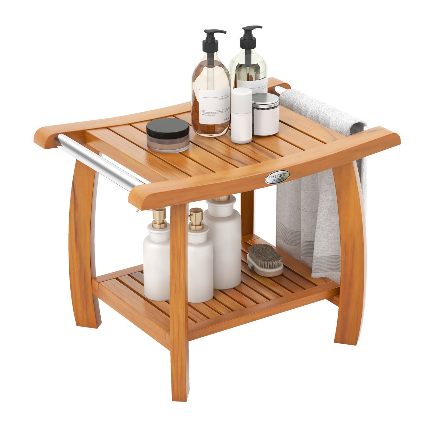 2-Tier Teak Wood Shower Bench Stool with Curved Seat and Handles Ideal Use as Plant Stand or Side Table