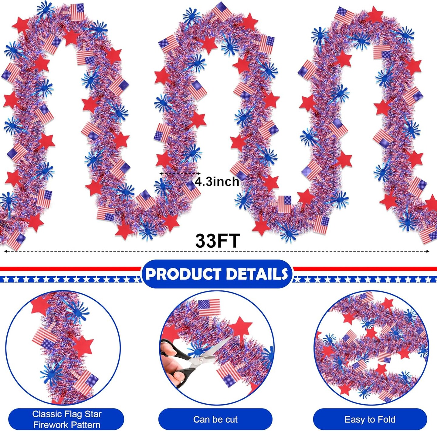 4th of July Decorations,33FT 4th of July Tinsel Garland with Star Firework American Flag, Patriotic Red White Blue Metallic Twist Garland for Home Tree Mantle Indoor Outdoor Parade Independence Day