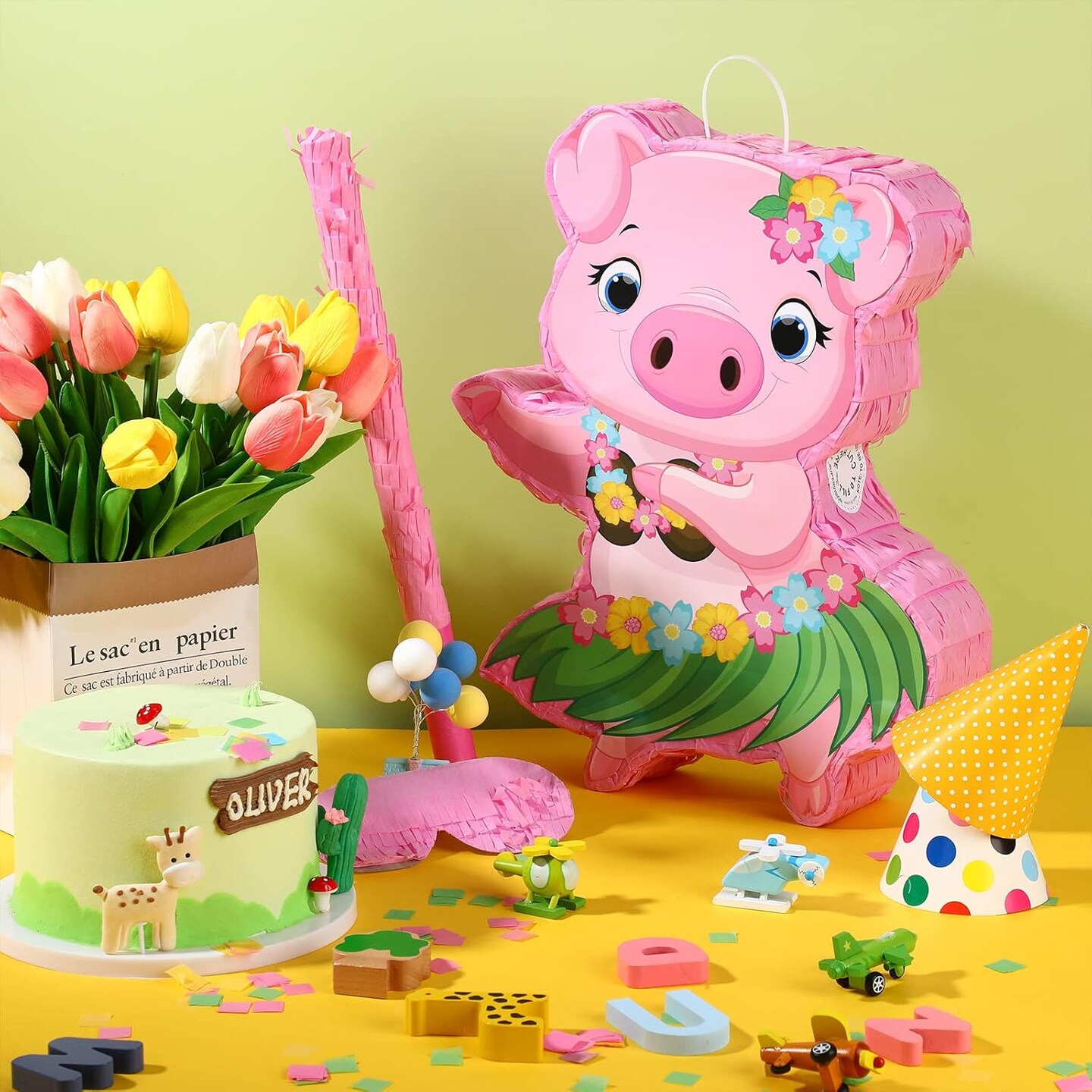 Small Pig Pi&#xF1;ata Hawaiian Party Decorations Pink Pig Pi&#xF1;ata with Blindfold Stick for Summer Hawaii Aloha Tropical Themed Birthday Party Supplies, 16.5 x 12.4 x 3.1 Inch