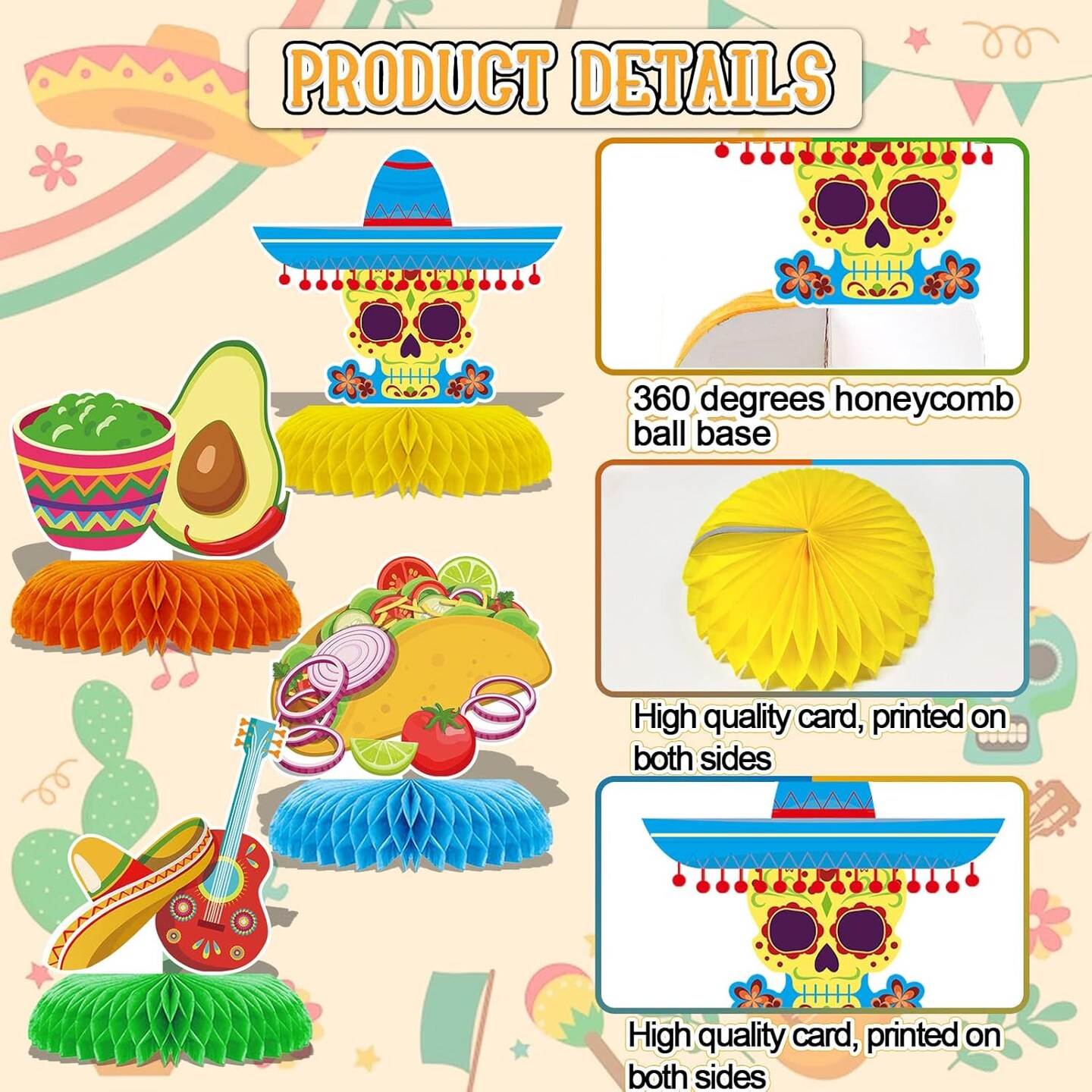 10pcs Mexican Cinco de Mayo Honeycomb Table Centerpieces Party Decorations,3D Double Side Toppers Paper Fans Mexican Fiesta Theme Taco Bout Birthday Party Decor Supplies