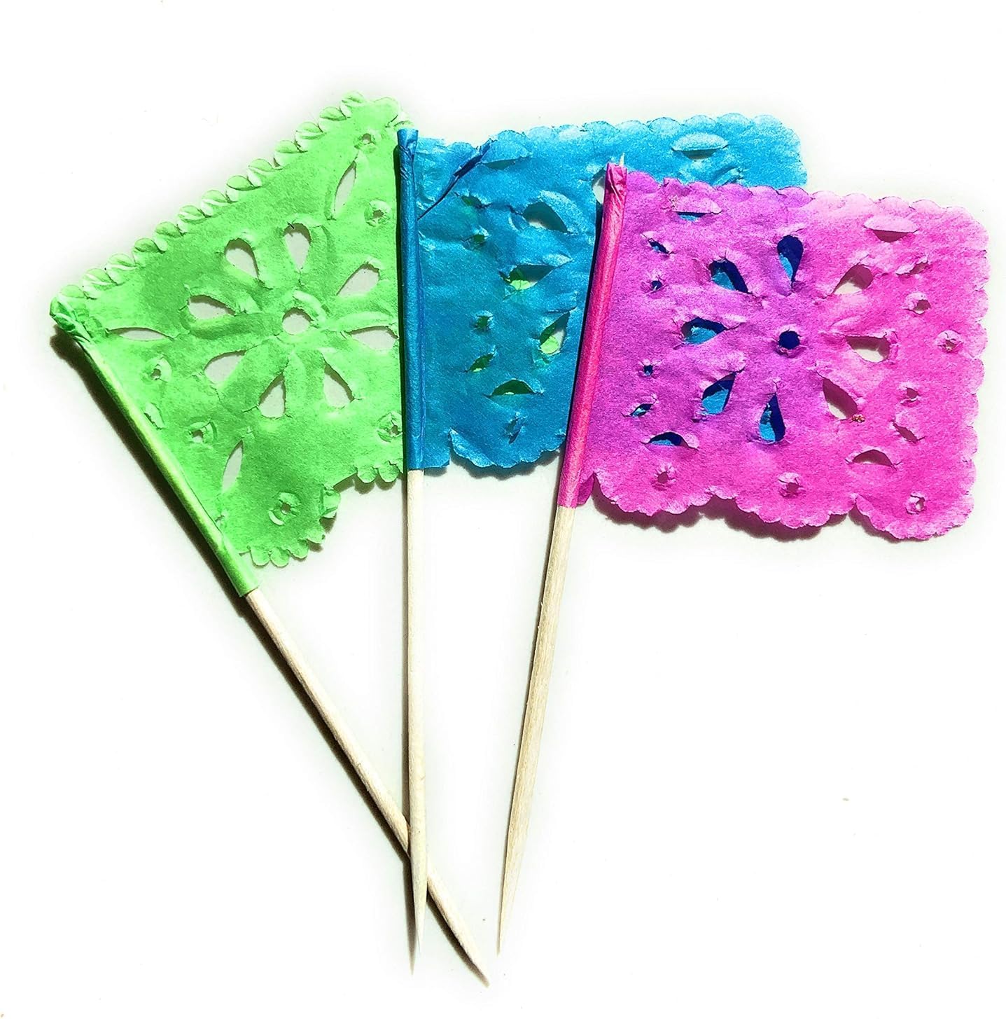 Set of 24 Pcs Multi-Colored Mini Mexican Paper Papel Picado Tissue Banner Flags Banderita s Fiesta Party Decorations Cupcake Topper Party Banderines Flower Design
