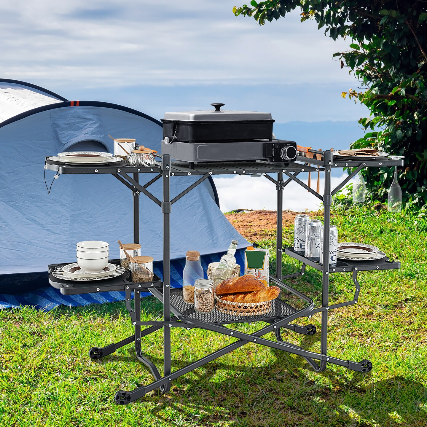 Black Foldable Portable Outdoor Cook Station with X-Shaped Frame and Aluminum Tabletop