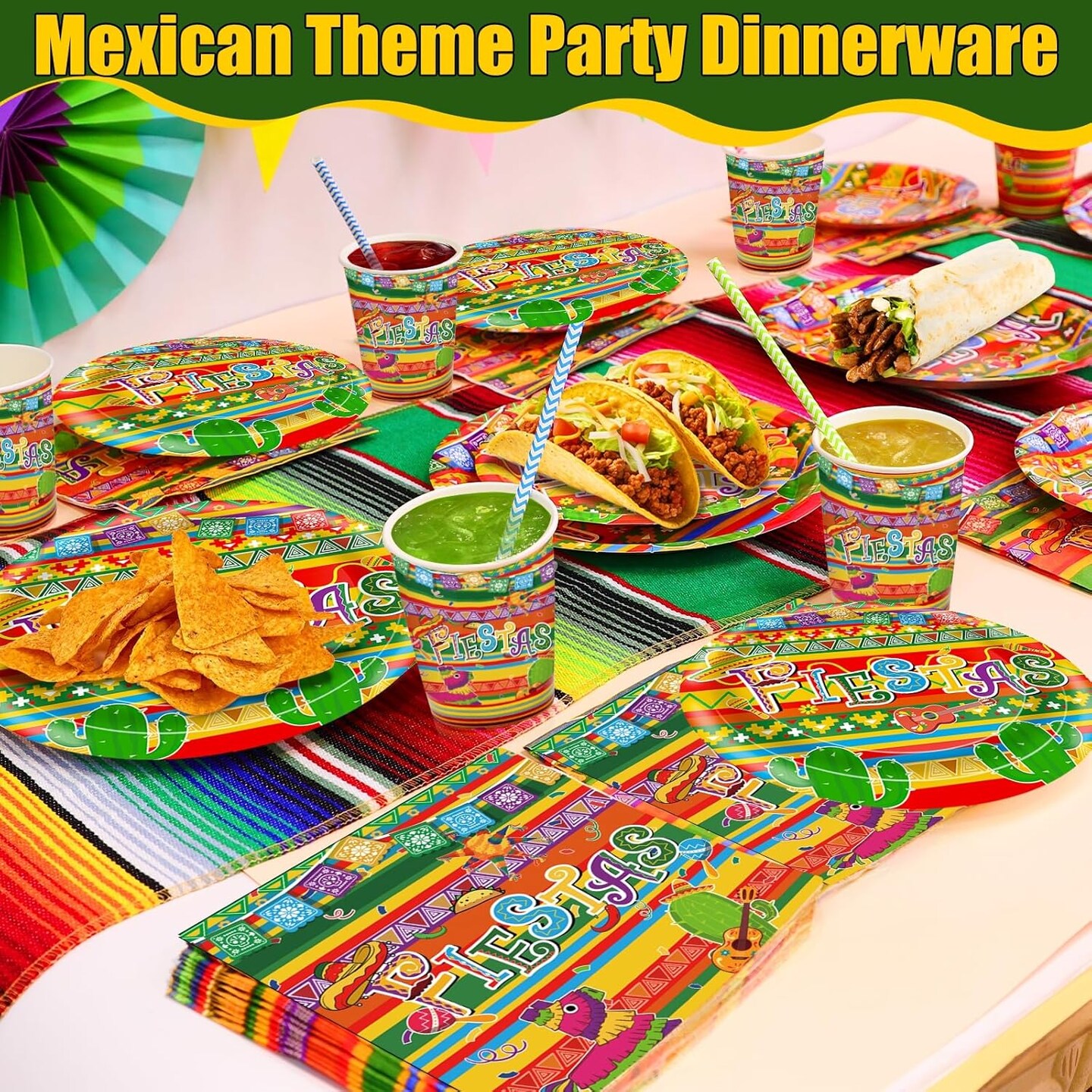 180 Pcs Cinco De Mayo Decorations for 36 Guests, Fiestas Mexican Tableware Set Include 9&#x27;&#x27; and 7&#x27;&#x27; Plates, Napkins, Straws, Cups Mexican Theme Party Supplies for Birthday Carnivals Taco Party Favors