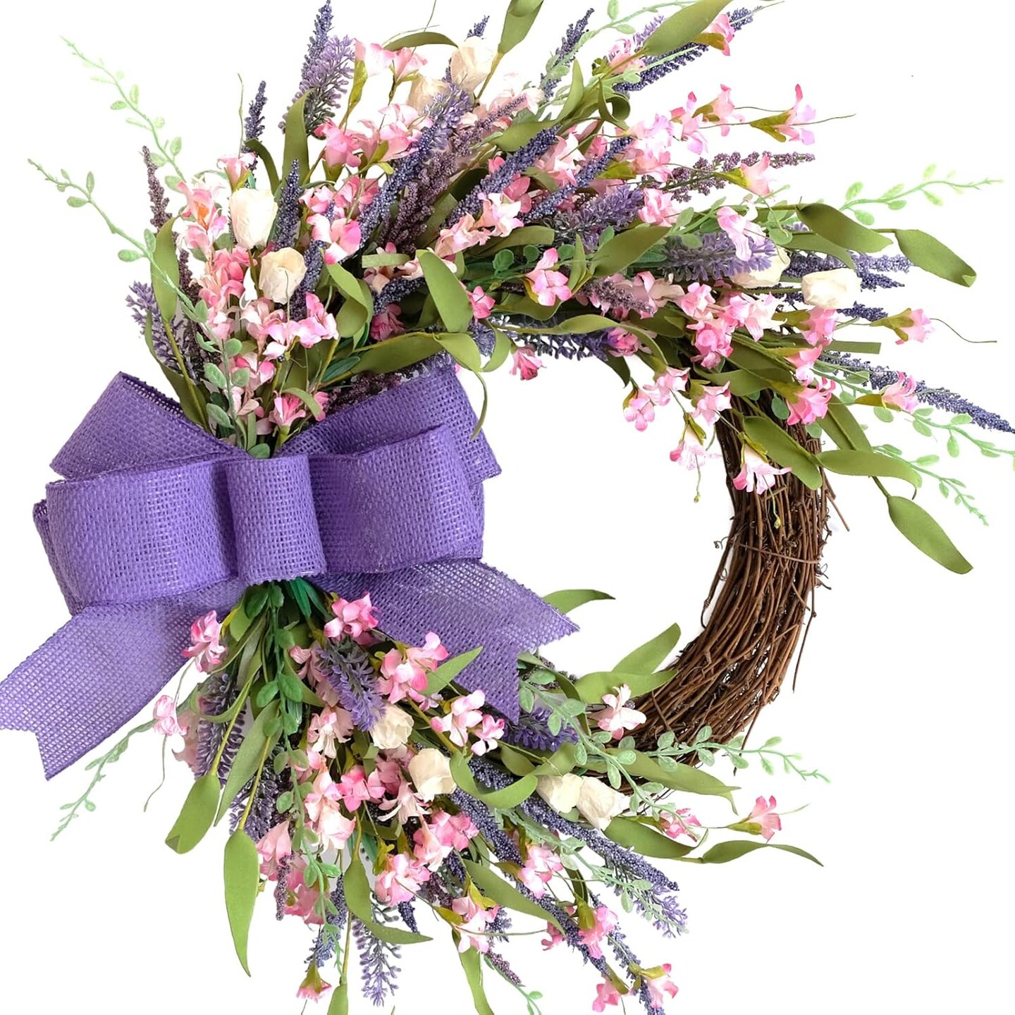18 Inch Summer Forsythia & Lavender Wildflower Wreath for Front Door – Rustic Farmhouse Artificial Flower Wreath with Burlap Bow for Indoor and Outdoor Home Decor