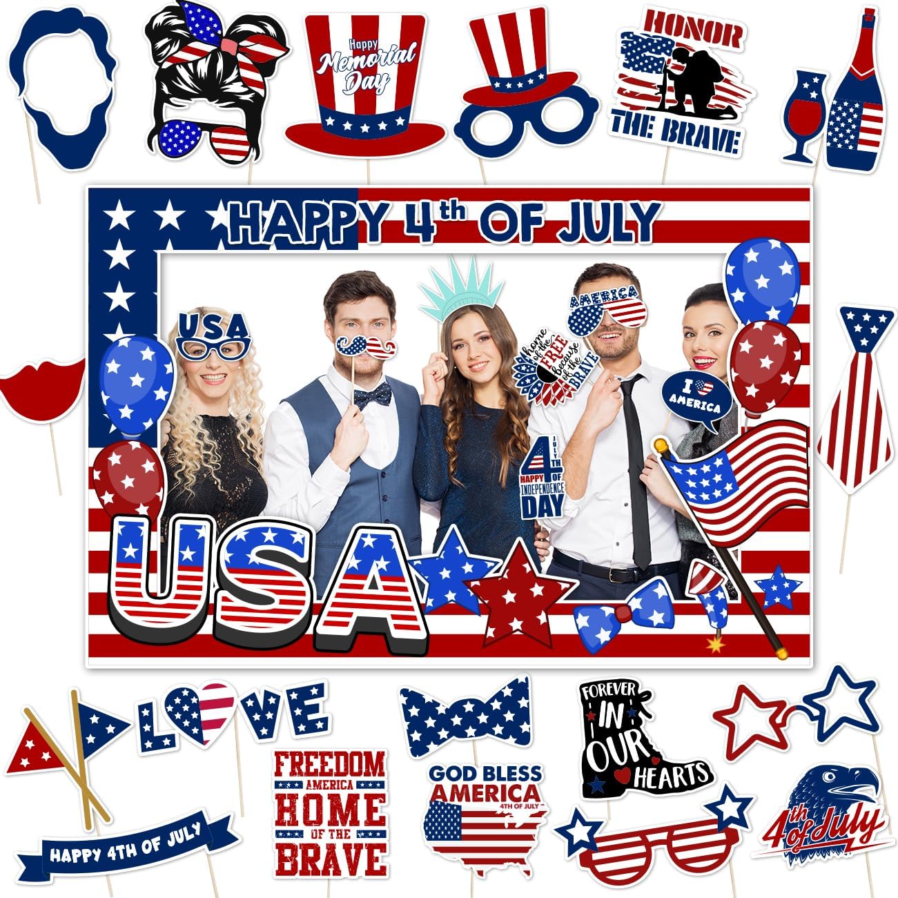 26-Piece 4th of July Photo Booth Props & Frame Set - Patriotic Independence Day Party Decorations - Red, White, & Blue Selfie Props for Memorial Day, Veterans Day, and Military Homecoming Celebrations