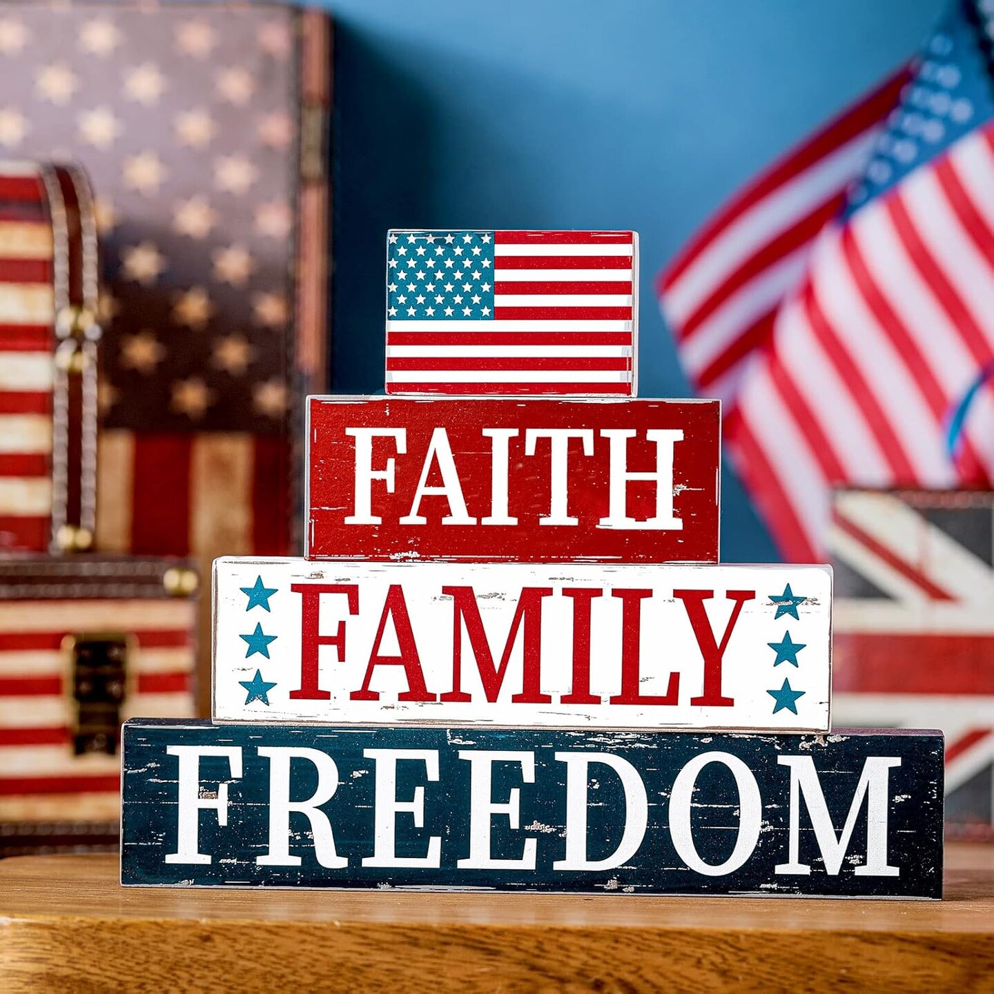4 Pieces 4th of July Wooden Block Patriotic American Wood Sign Independence Day Tiered Tray Decorations Patriotic Wood Decor for Home Table Decoration, 4 Sizes