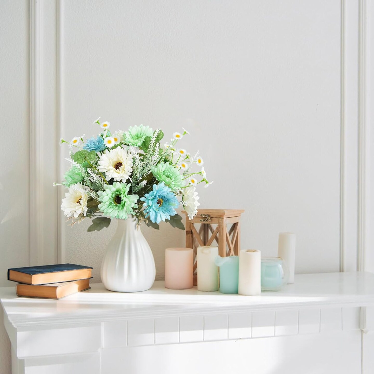 Summer Floral Arrangement &#x2013; Silk Flowers for Home Decor, 7Pcs Artificial Daisy Wildflowers, Faux Flower Arrangements for Farmhouse Table Centerpiece