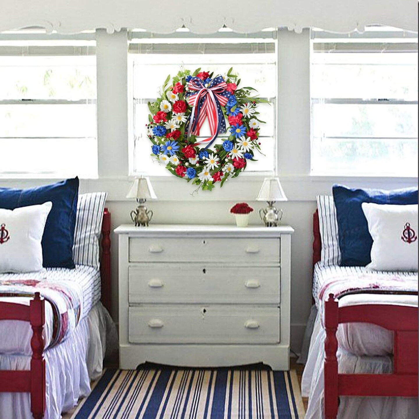 20inch Patriotic American Wreaths for Front Door,4th of July Independence Day Wreath Red White Blue Wreath for Window Door Decoration