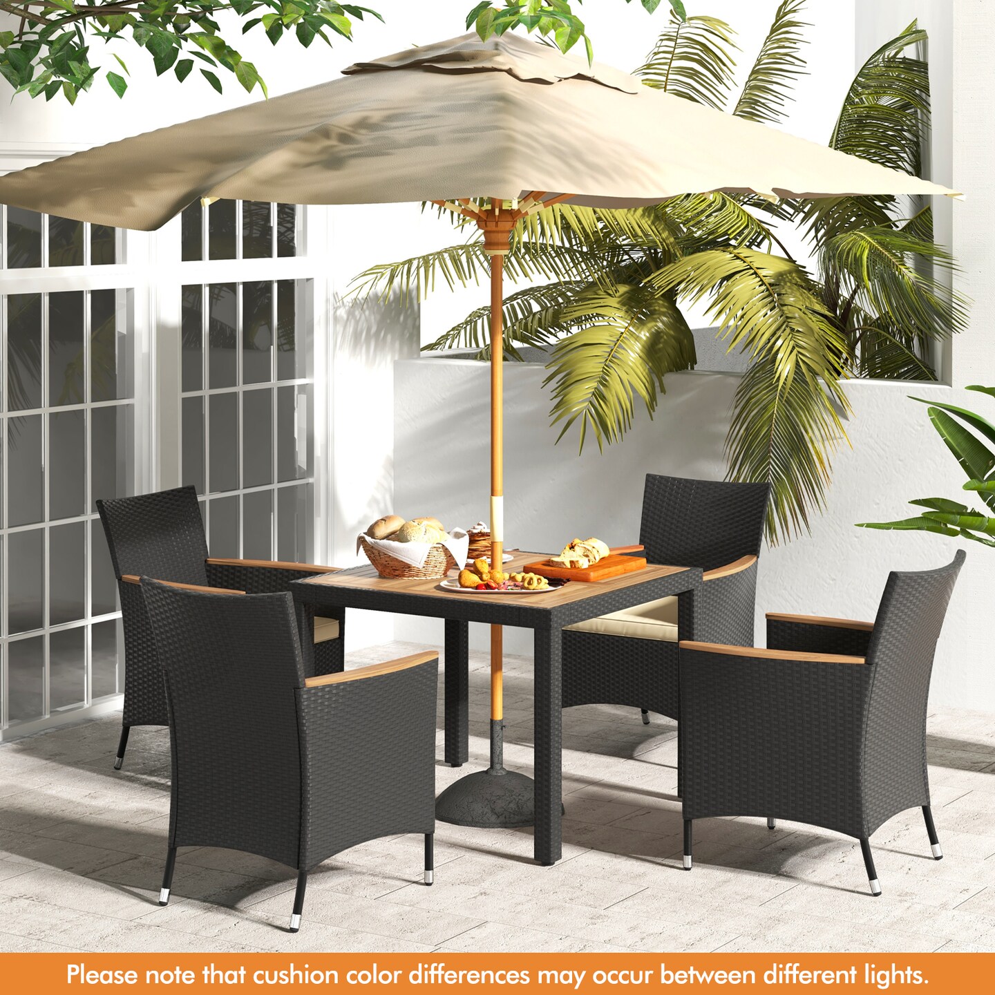 Acacia Wood Dining Set, 5-Piece Rattan Table with Cushioned Chairs and Umbrella Hole