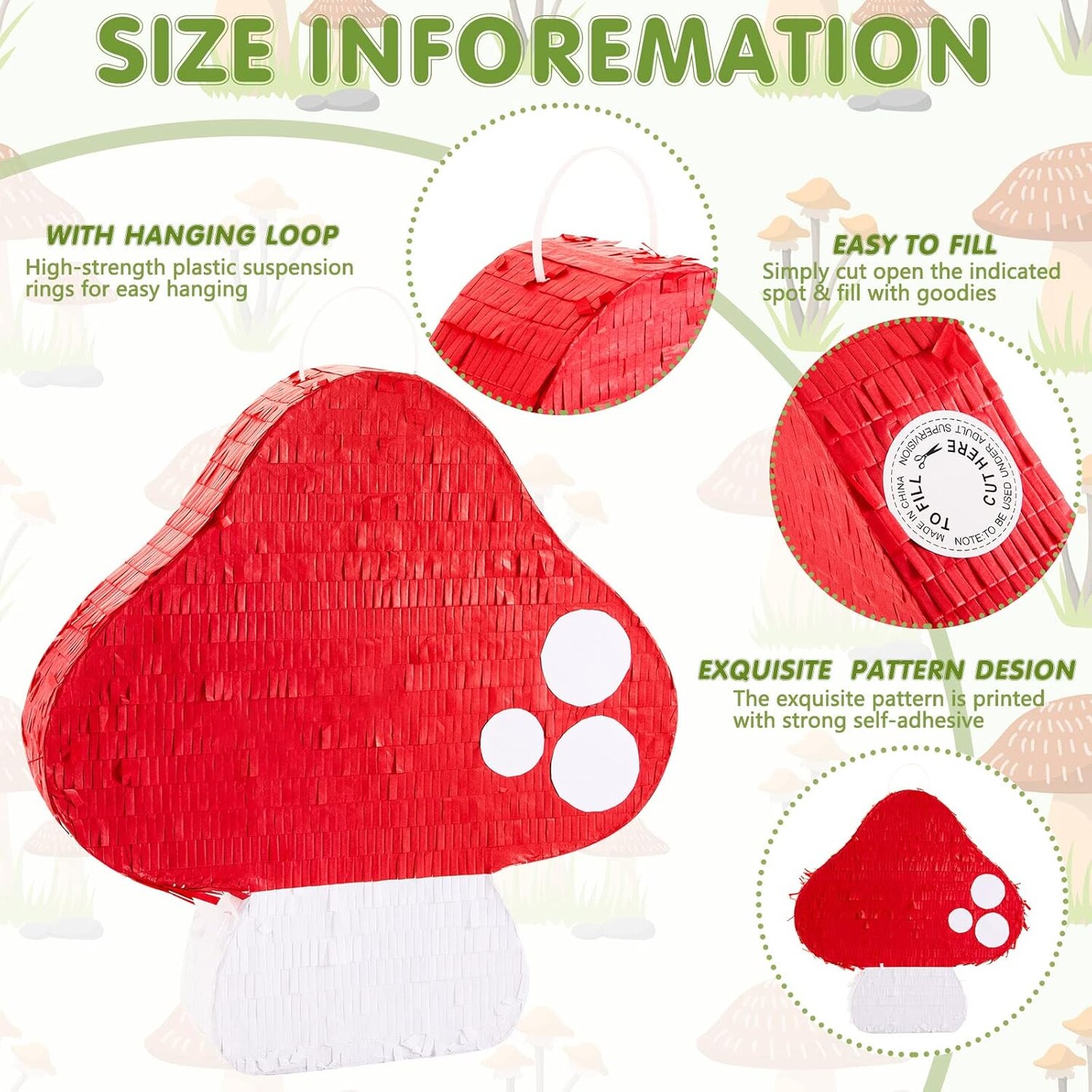 Lewtemi Mushroom Piñata 3D Shaped Piñata Mushroom Party Favor With Blindfold Bat Confetti For Forest Jungle Fairy Theme Woodland Birthday Party Baby