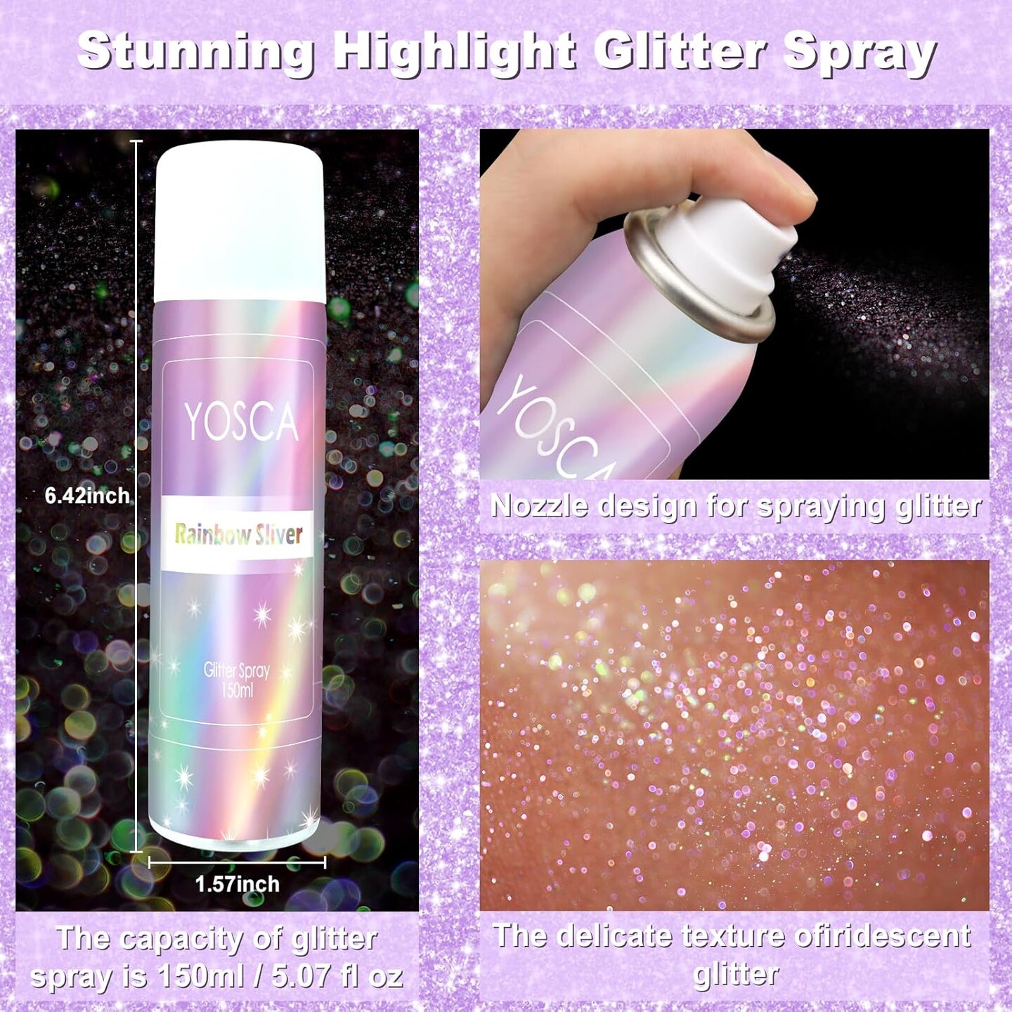 Body Glitter Spray, 150ML Holographic Glitter Hairspray, Glitter Spray for Hair Body Clothes, Quick-Drying and Long-Lasting Shiny Glitter Spray for Festival Music Concert Party Rave Accessories