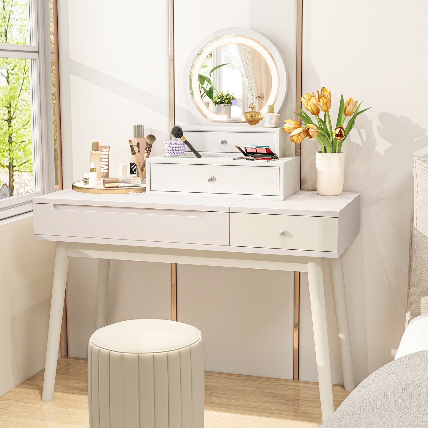 White Vanity Mirror with Storage Space and 3 Modes LED Lights Ideal Gift for Daughters or Friends