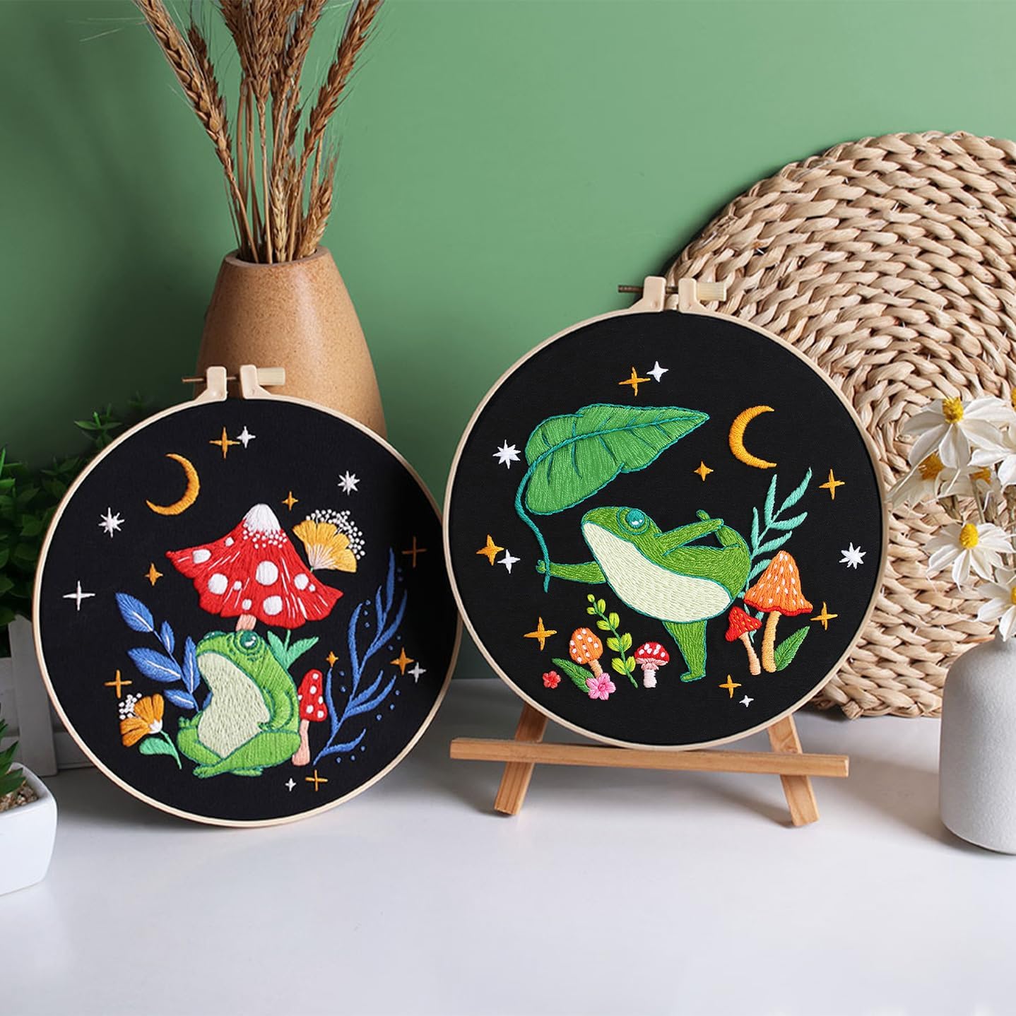 3 Sets Frog Embroidery Kits for Beginners,Cross Stitch Kit for Adults,Crewel Starters Needlepoint with Embroidery Hoop,Threads and Instruction