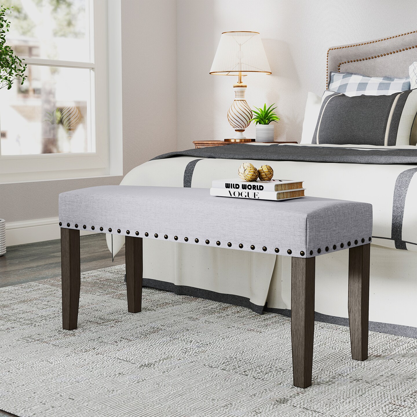 42.5 Inch Grey Upholstered Entryway End of Bed Bench with Padded Seat and Wooden 4 Legs