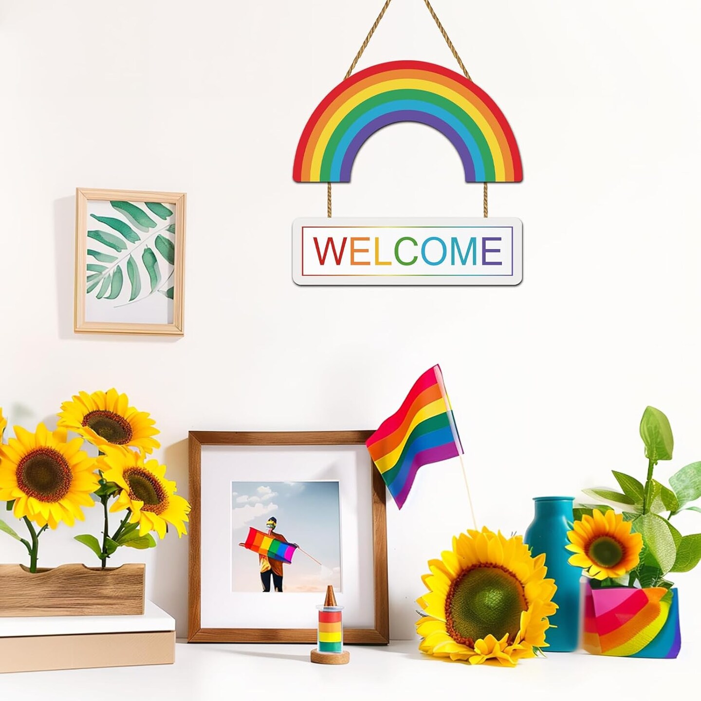 Pride Decorations Pride Wreath for Front Door Welcome Door Sign Rainbow Decorations Rainbow Wreath LGBTQ Gay Lesbian Wooden Door Decor for Office Indoor Wall Home Decor