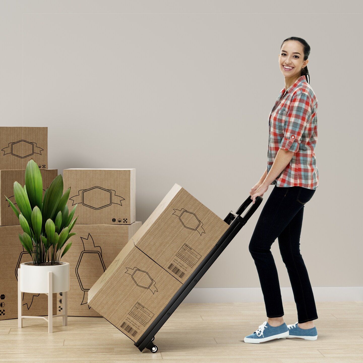 2 in 1 Black Metal Hand Truck and Step Ladder with Rubber Wheels and 3 Wide Pedals