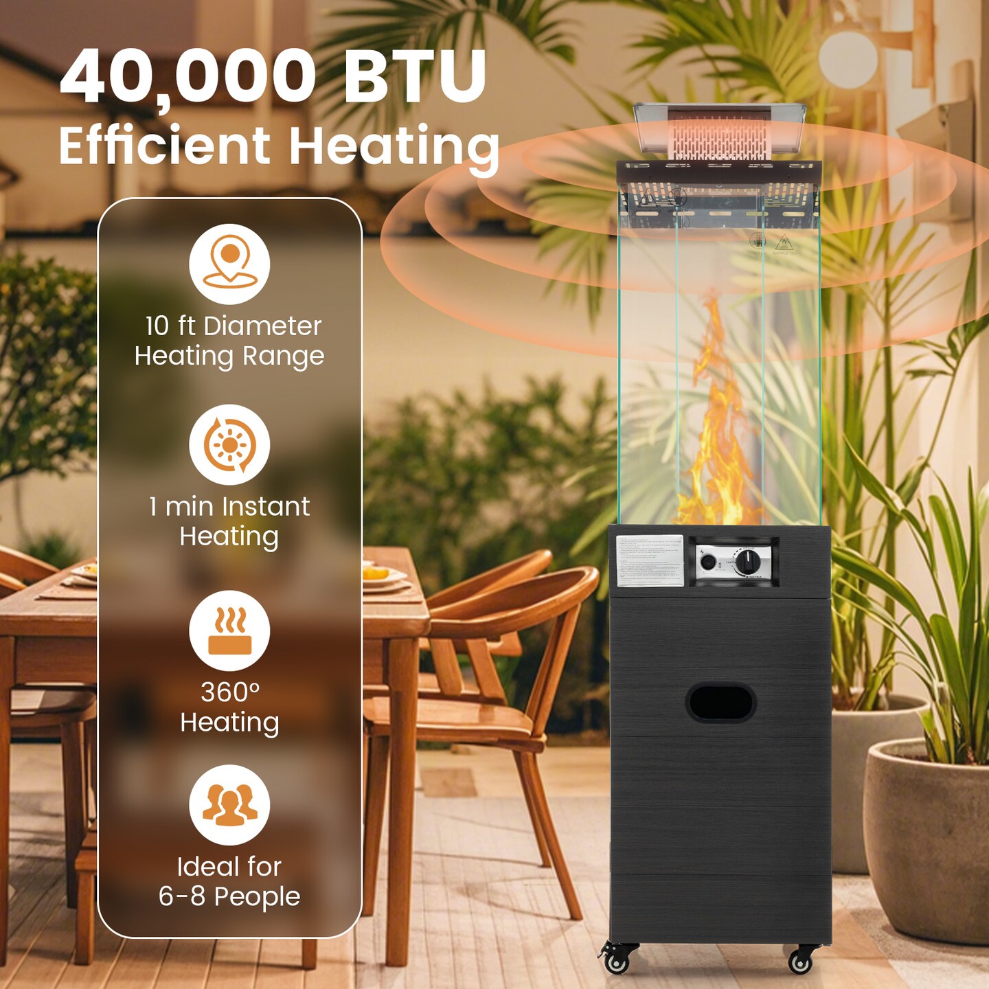 Black Outdoor Propane Gas Heater with Glass Tube and 4 Universal Casters
