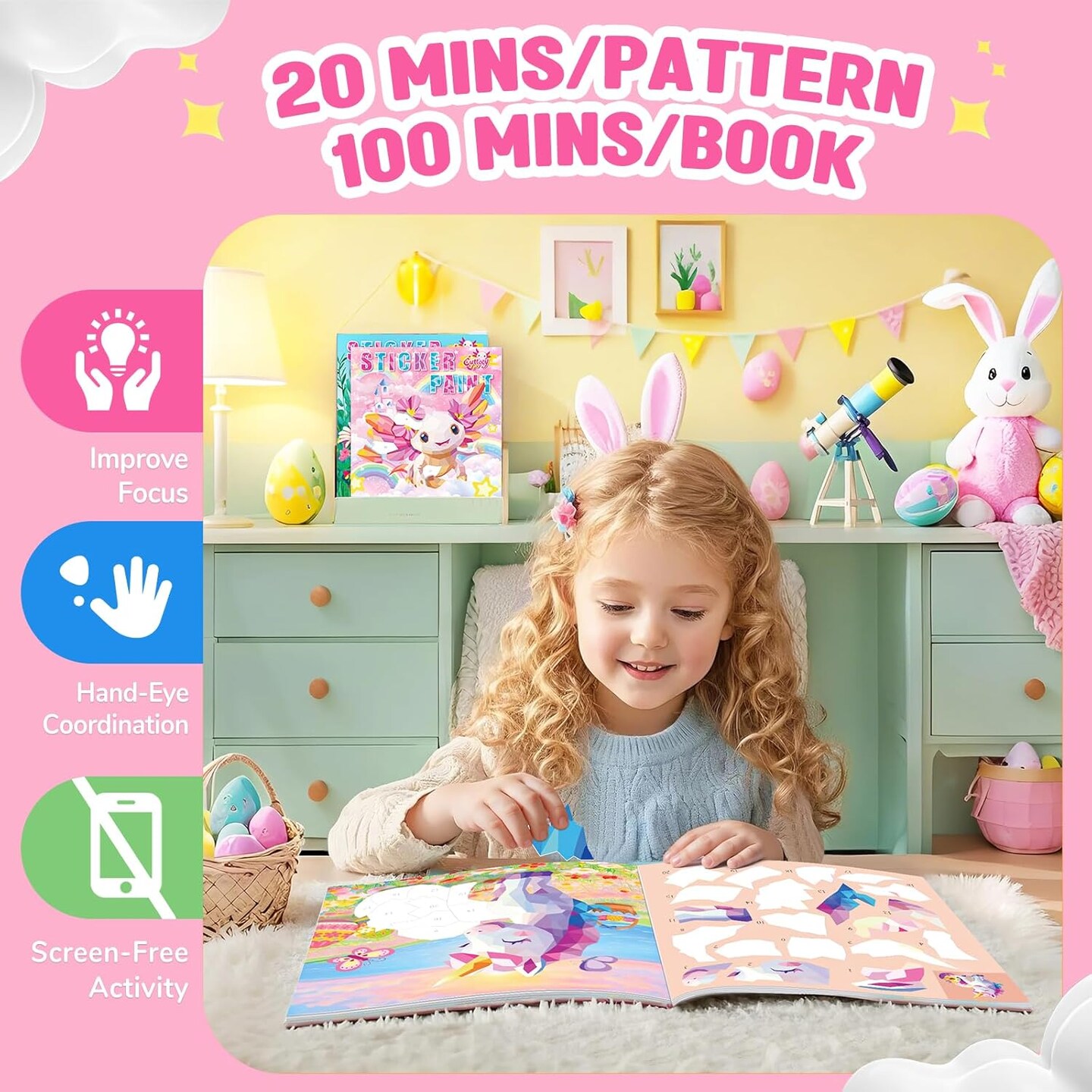 Paint by Number Sticker Book for Girls Kids - Road Trip &#x26; Airplane Activities Toys, Easter Basket Stuffers, Bunny Egg Unicorn, Birthday Gifts, Travel Essentials for Toddlers &#x26; Car Rides