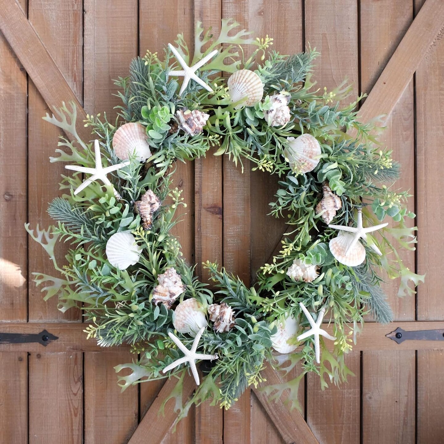 18 Inch Seashell Wreath with Green Leaves &#x2013; Rustic Farmhouse Coastal Wreath with Starfish and Conch Shells for Front Door, Wedding, and Summer Home Decor