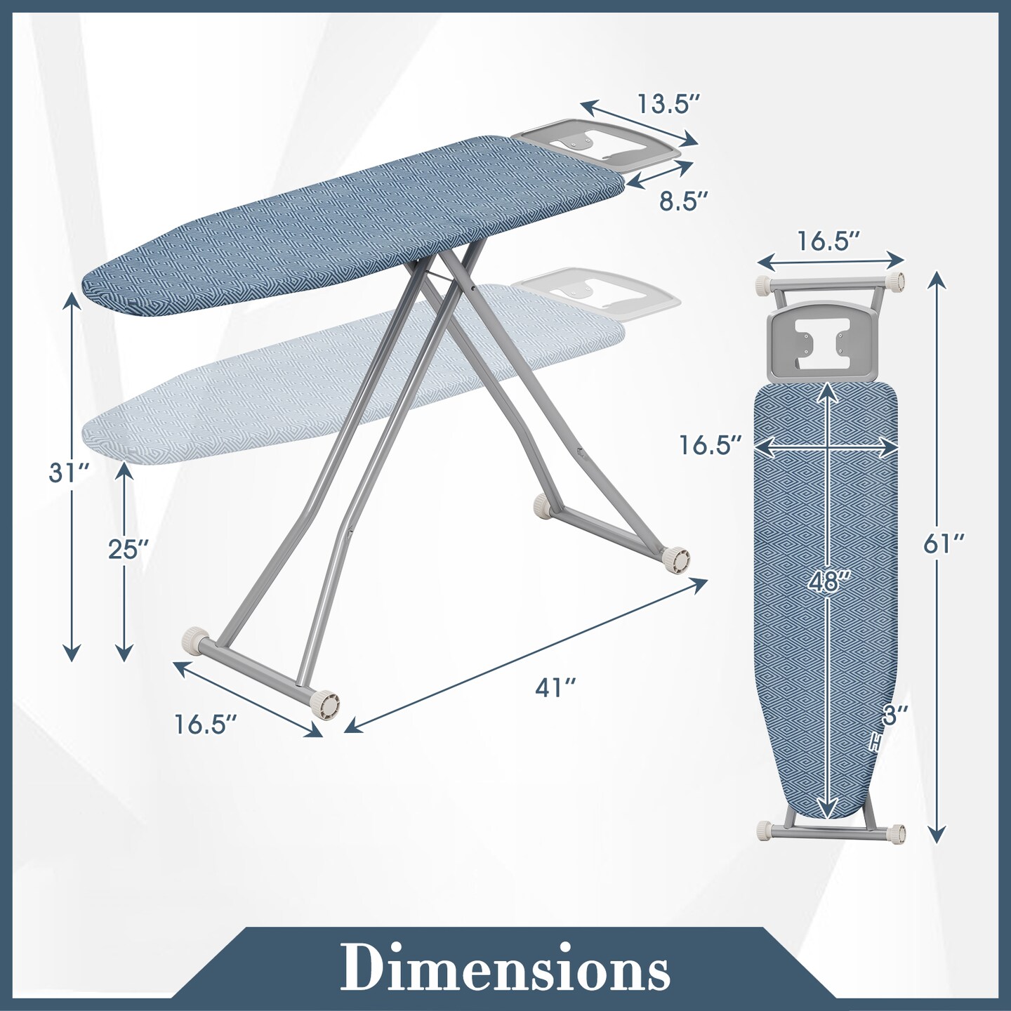 Adjustable Carbon Steel Ironing Board with Heat-Resistant Silver Coating &#x26; Iron Rest &#x2013; 7-Level Height