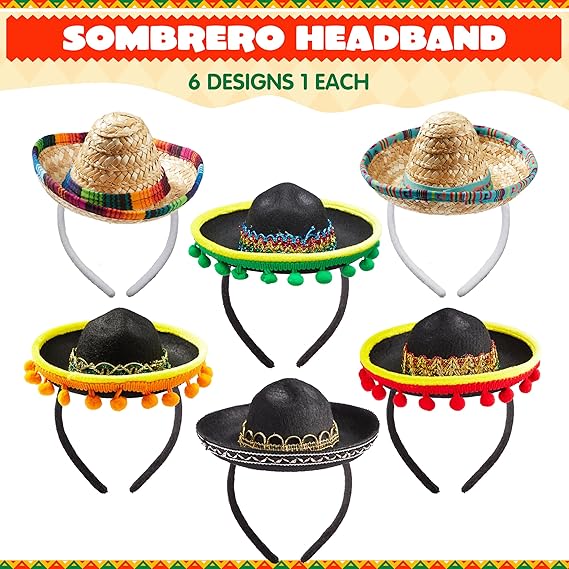6 PCS Cinco De Mayo Fiesta Fabric and Straw Sombrero Headbands Party Costume for Fun Fiesta Hat Party Supplies, Luau Event Photo Props, Mexican Theme Decorations and Party Favors