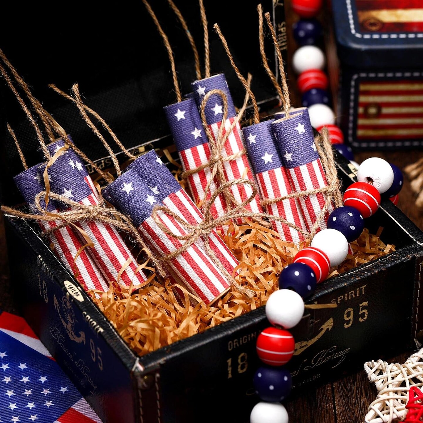 12 Pcs Patriotic Decor 4th of July Tiered Tray Decor Memorial Day Wooden Firework Sign Rustic Farmhouse Fourth of July Centerpieces Wood Block Sign Independence Day Decorations for Tabletops