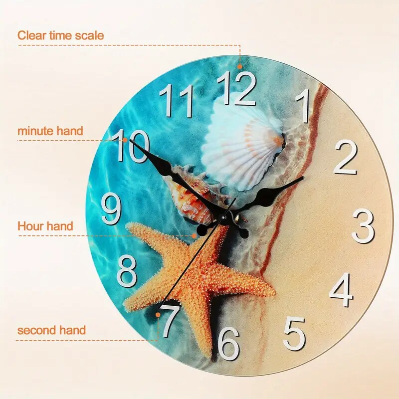 12-Inch Seashell Wall Clock &#x2013; Frameless Silent Non-Ticking Glass Clock for Home, Office, Battery Operated (1x AA Required)