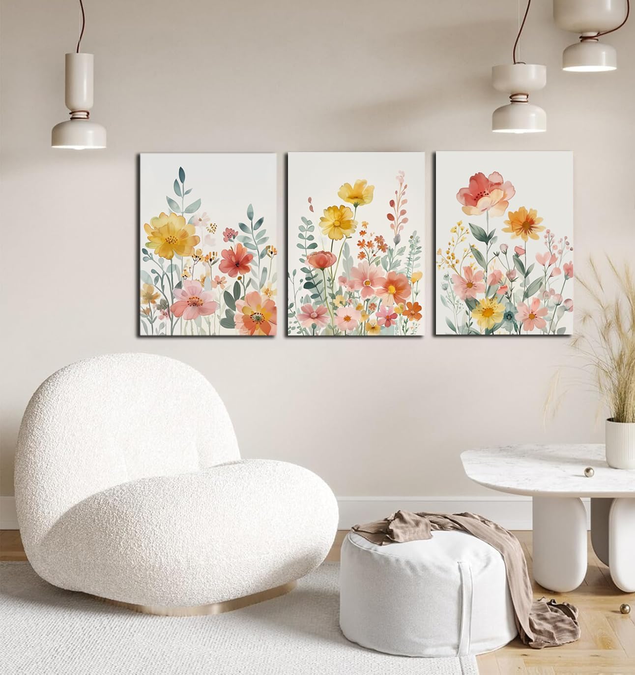 Summer Floral Wall Decor, Colorful Wildflower Watercolor Flower Canvas Prints, Botanical Painting Flower Posters for Bedroom, Living Room, and Bathroom, 12x16 Inch Framed Set of 3