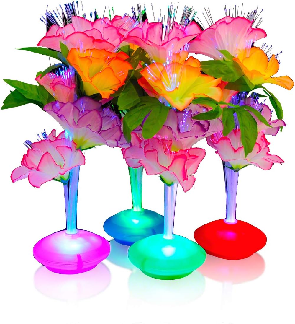 Summer Tropical Fiber Optic LED Flower Centerpieces (Set of 12) – Light Up Table Decorations for Summer Parties, Luau, and Poolside Events