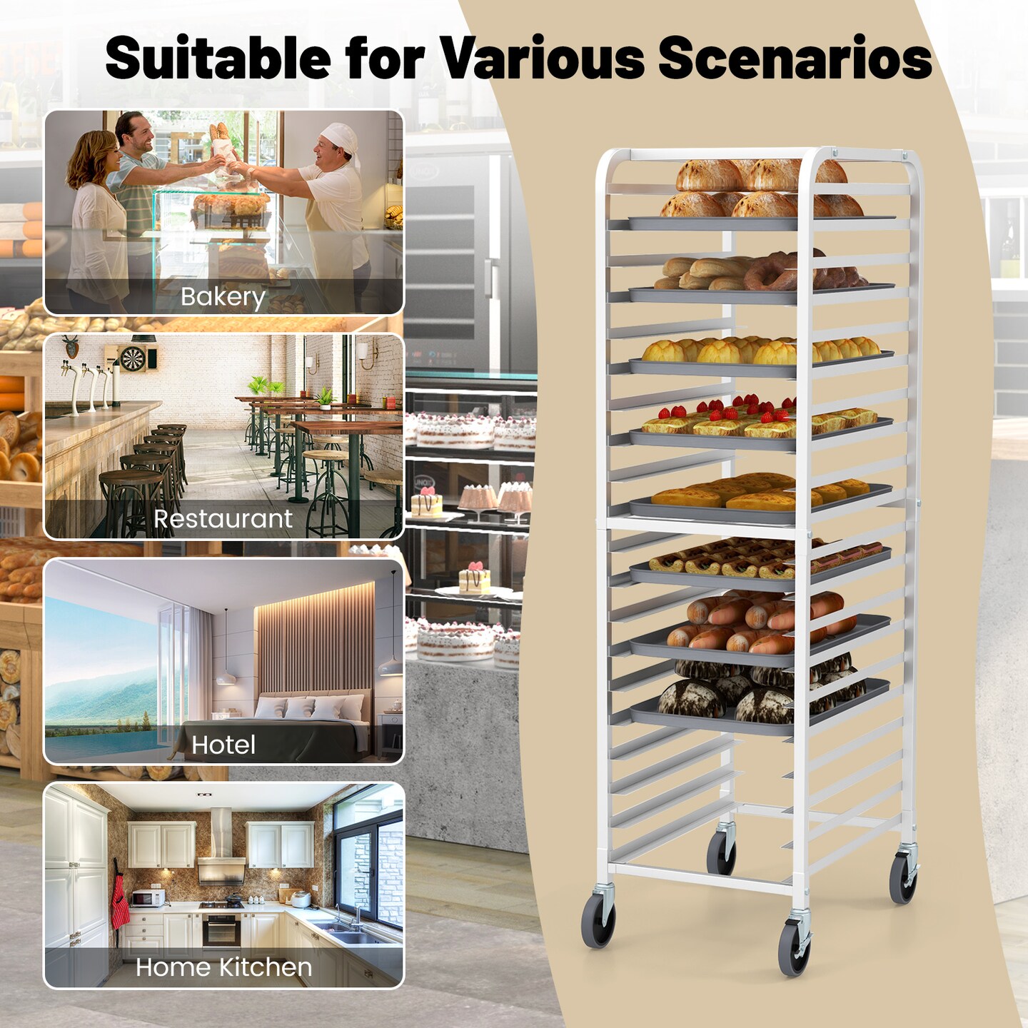 20 Tier Heavy Duty Aluminum Pan Rack Frame with Swivel 4 Wheels and Open Shelves