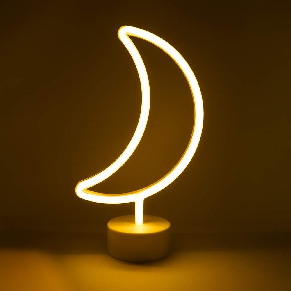 Summer LED Neon Yellow Crescent Moon Tabletop Lamp with White Base, Battery Powered Night Light for Nightstand, Bedroom Décor, Party, and Celebrations