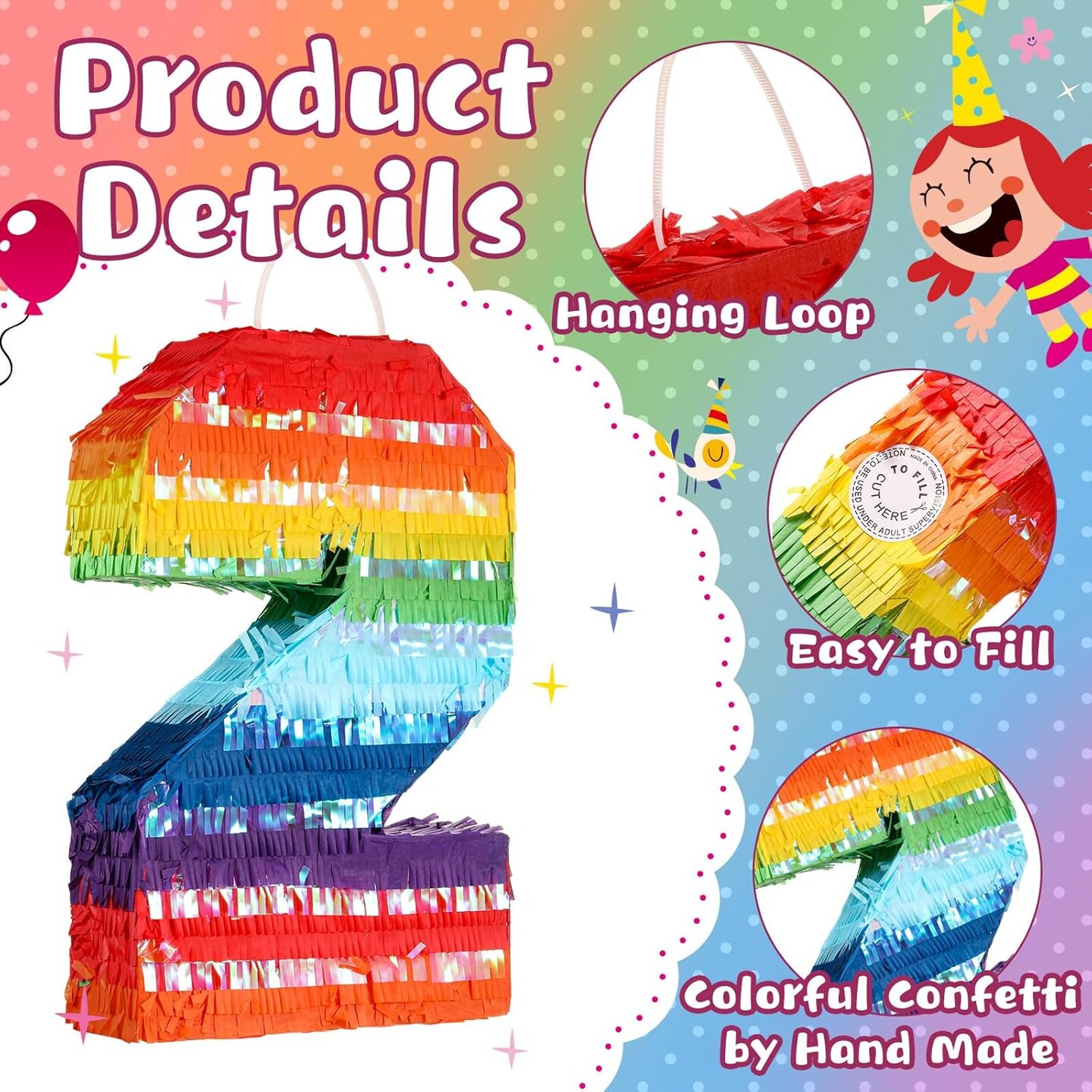 Rainbow Mexican Number 2 Piñata for Kids with Blindfold Stick and Confetti Birthday Party Decoration Piñata for Anniversary Cinco de Mayo Fiesta Party Decor(Number 2)