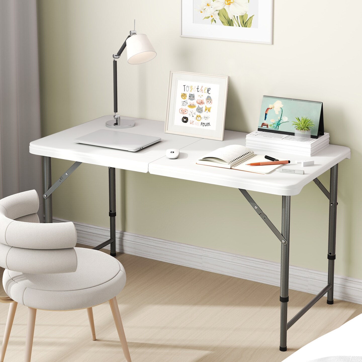 White 4 Feet HDPE Portable Rectangular Camping Table with Metal Legs and Height Adjustable