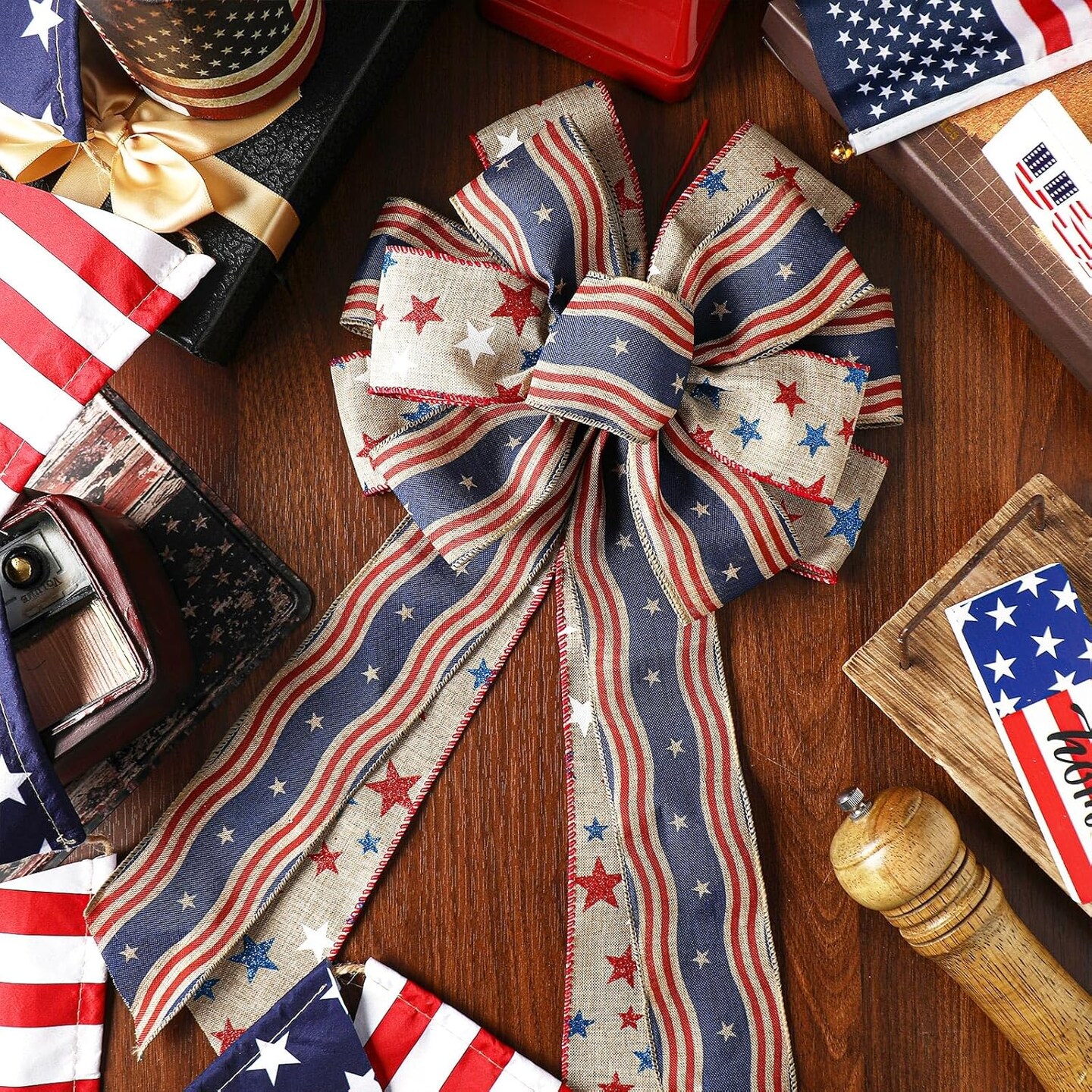 2 Pcs Red White Blue Bows Happy Labor Day Bow American Flag Bow Patriotic Wreath Burlap Bow Memorial Day Tree Topper for Indoor Outdoor Independence Day Party Decoration